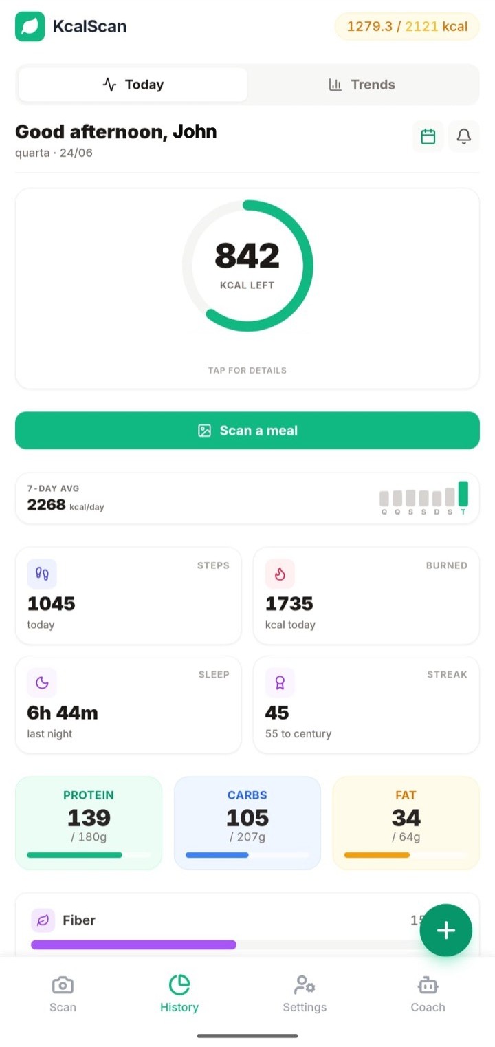 KcalScan dashboard showing calories remaining, macro progress, steps, burned calories, and sleep for the day