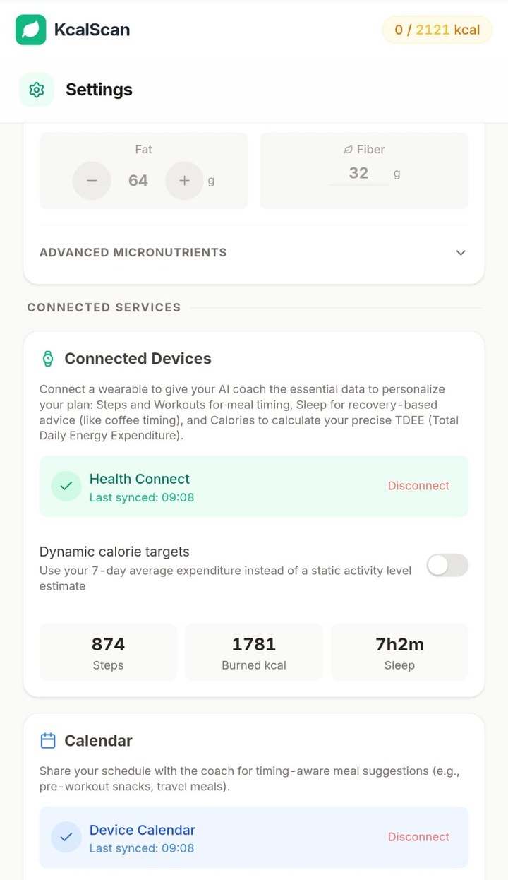 KcalScan settings showing Health Connect wearable sync and the Dynamic calorie targets toggle using your 7-day average expenditure, with steps, burned calories, and sleep