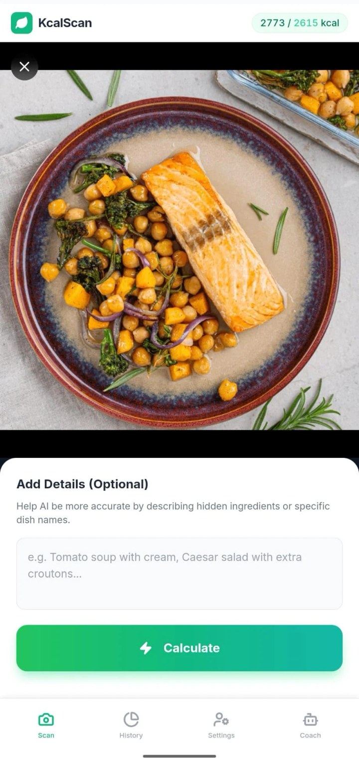 KcalScan scan screen showing a photo of a salmon, chickpea, and broccoli dish ready to analyze