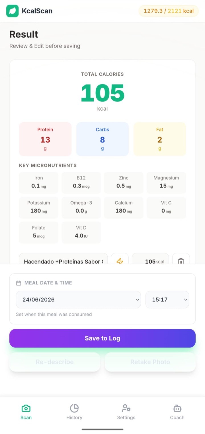 KcalScan scan result showing total calories, macros, and a grid of key micronutrients