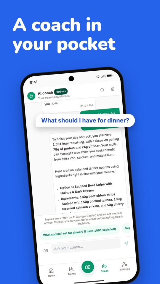 A coach in your pocket: the AI coach suggests a dinner that fits the rest of the day