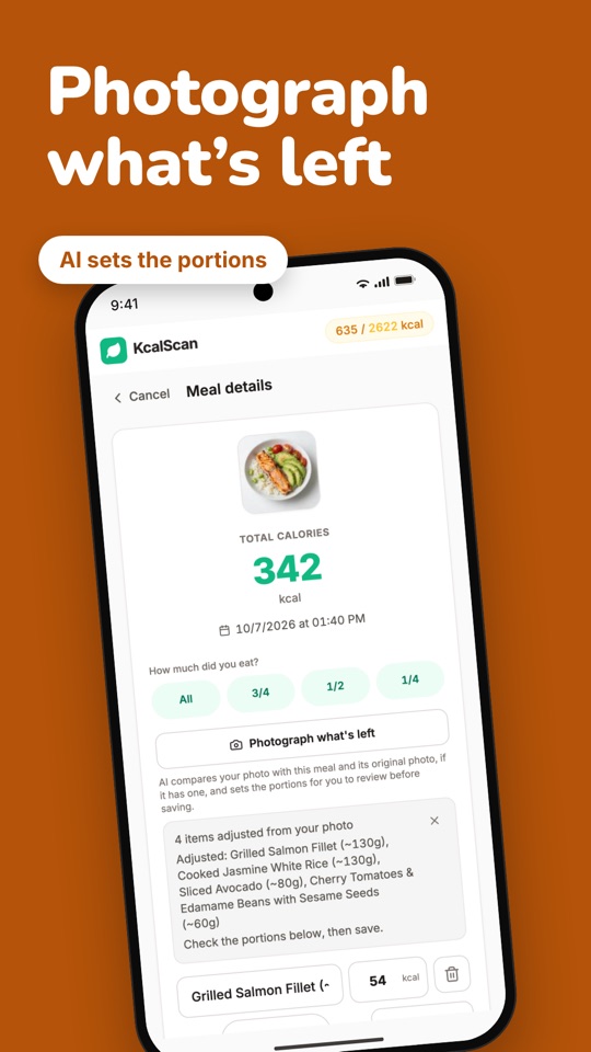 Photograph what’s left: the AI compares a photo of the leftovers and adjusts the portions, recounting the salmon bowl at 342 kcal