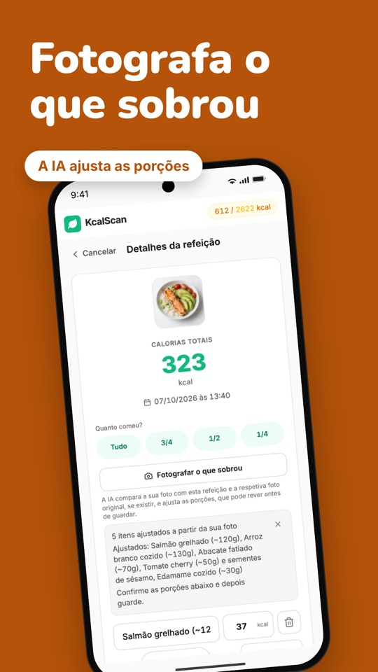 Fotografa o que sobrou: a IA compara a foto das sobras e ajusta as porções, e a taça de salmão passa a 323 kcal