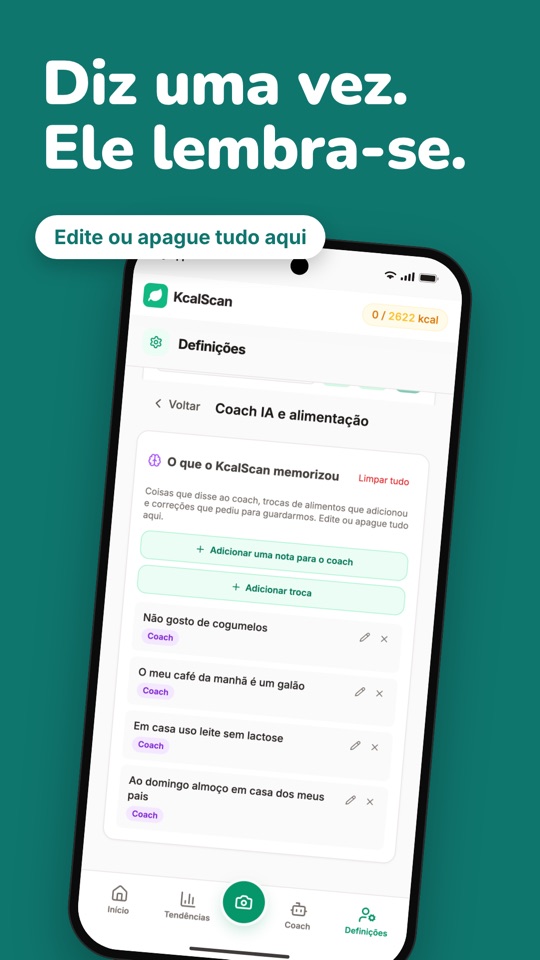 Diz uma vez. Ele lembra-se: notas para o coach, como “Não gosto de cogumelos”, guardadas nas Definições, onde pode editar ou apagar cada uma